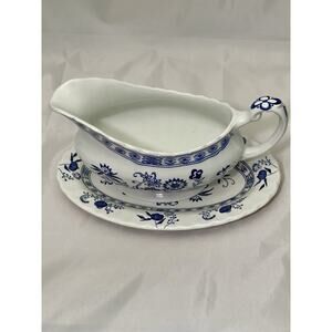 Vtg J & G Meakin England Gravy Boat 8" Nordic Blue Onion with Under plate